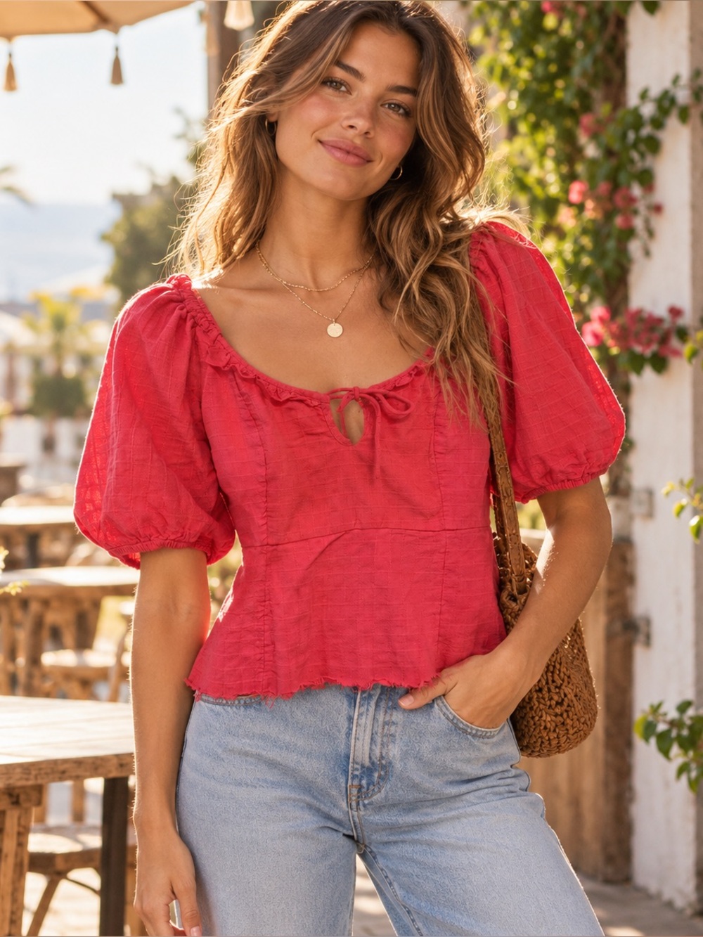 Billabong Red Puff Sleeve Peasant Top | Date Night Vacation | Medium